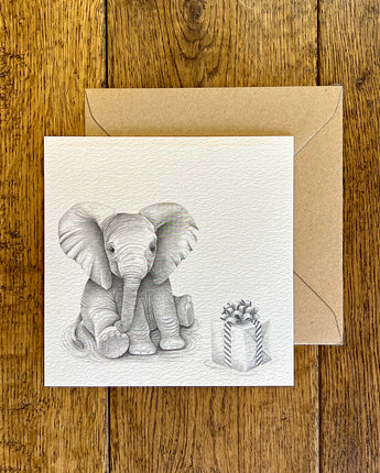 Elsie Elephant With Present Pencil Illustrated Greeting Card