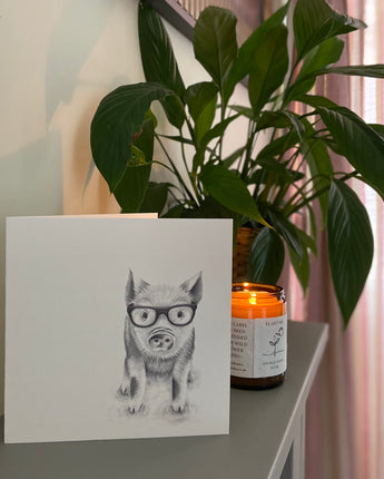 Preston Pig in Glasses Pencil Drawn Greeting Card