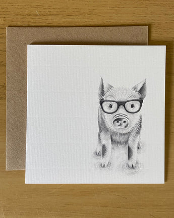 Preston Pig in Glasses Pencil Drawn Greeting Card
