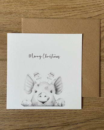 Happy Pig Pencil Illustrated Christmas Card