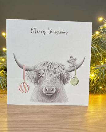 Bessie Highland Cow Pencil Illustrated Christmas Card
