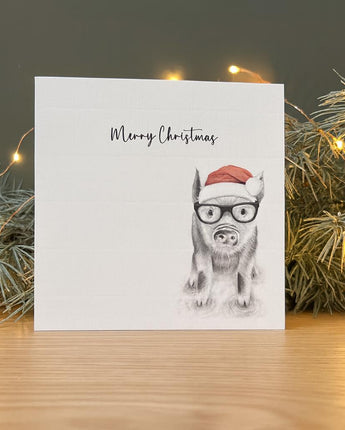 Preston Pig in Glasses Pencil Drawn Christmas Card