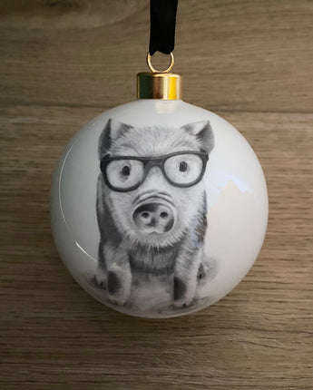 Preston Pig in Glasses Large Fine Bone China Bauble