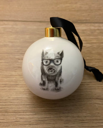 Preston Pig in Glasses Fine Bone China Bauble