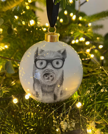 Preston Pig in Glasses Large Fine Bone China Bauble