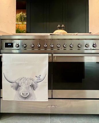 Bessie Highland Cow & Mouse Tea Towel