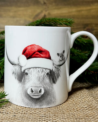 Christmas Bessie Highland Cow & Mouse Fine Bone China Mug