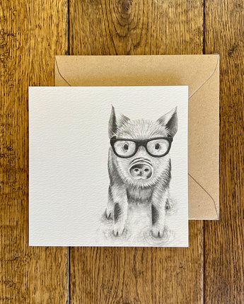 Preston Pig in Glasses Pencil Drawn Greeting Card