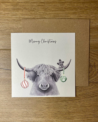 Bessie Highland Cow Pencil Illustrated Christmas Card