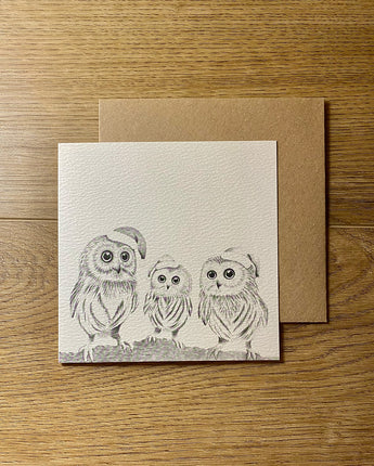 Owls Pencil Illustrated Christmas Card