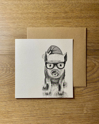 Preston Pig in Glasses Pencil Drawn Christmas Card